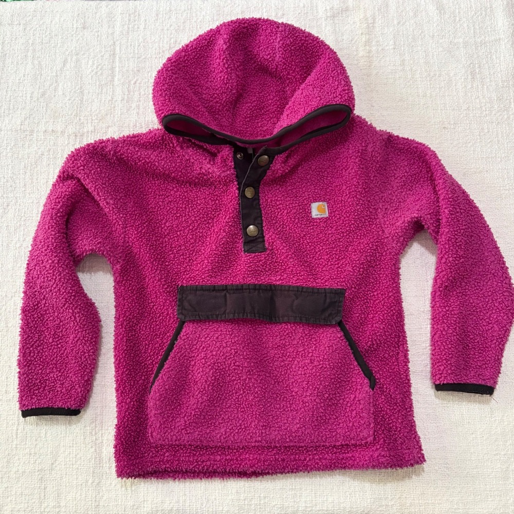 Carhartt Girls Pink Sherpa Fleece Pullover Hoodie Heart Buttons Size 6X